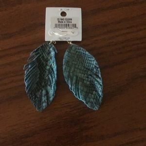 Turquoise and black snakeskin feather earrings.